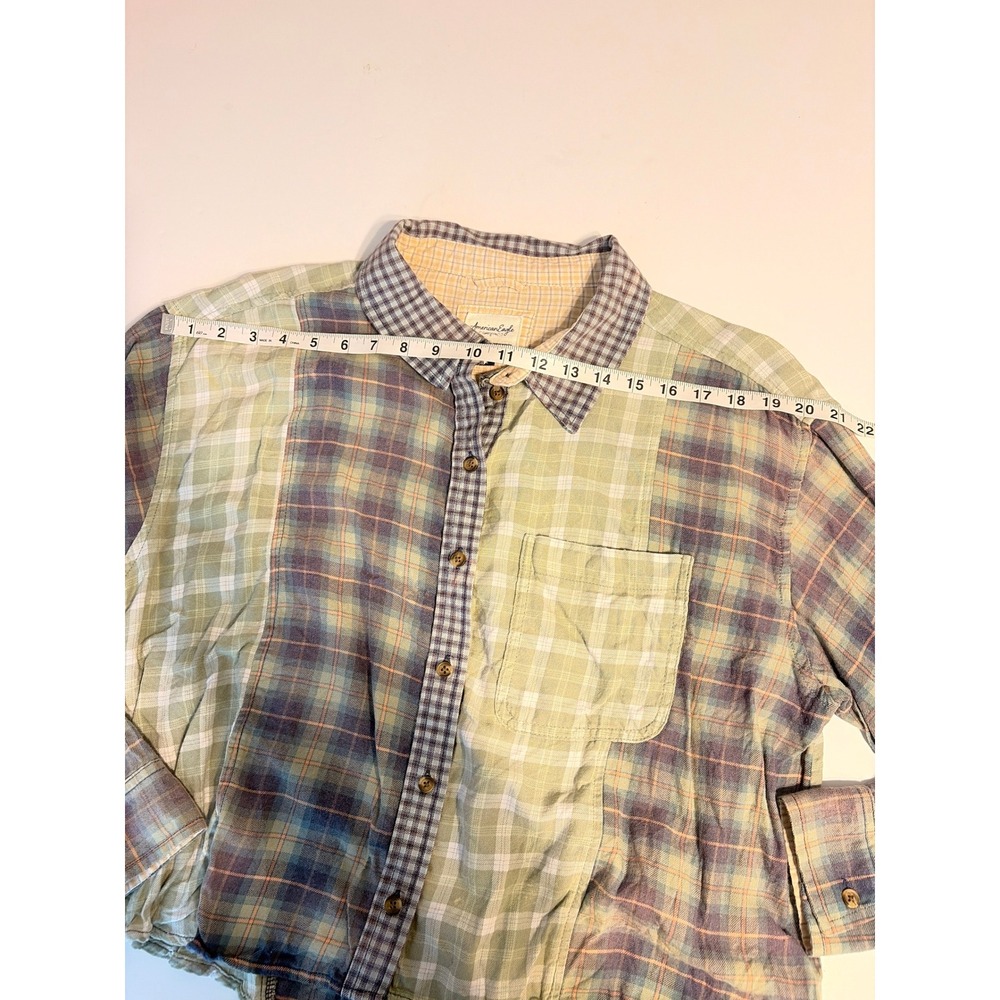 American Eagle Mixed Plaid Patchwork Cropped Button Down Flannel Large - Picture 8 of 10